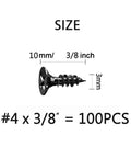 Rugged Flat Head Self Tapping Wood Screws Size 4 By 3/8 Inch M3x10mm black oxide fastener size illustration.