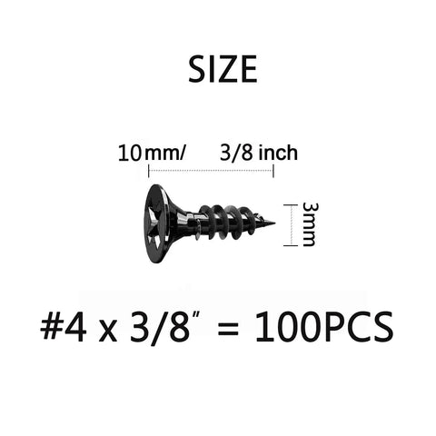 Rugged Flat Head Self Tapping Wood Screws Size 4 By 3/8 Inch M3x10mm black oxide fastener size illustration.