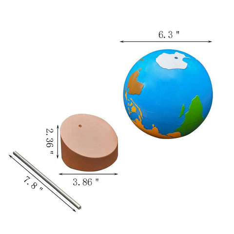 Hands On World Globe For Kids Kid Friendly Sandpaper Globe With Continental Plates And Earth Layers Crust Mantle Core Geography Learning Toy, disassembled view showing base and globe dimensions.