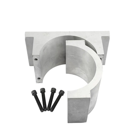 Heavy Duty CNC Spindle Motor Clamp Bracket Fixture With Secure Locking Design For Precision Machining And High Stability Reducing Vibration Noise On Any Shop Floor Build To Last Tough, showing silver steel clamp and bolts.