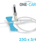 Push Button 23G 0.75 Inch Sampling Kit for Industrial and Lab Use, 50 Sets Per Box, Clear Tubing, Tight Luer Adapter, Leak Proof, Safe Push Mechanism Pack shown with blue wings