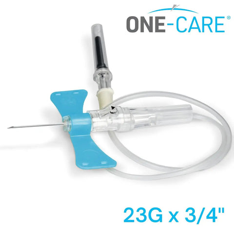 Push Button 23G 0.75 Inch Sampling Kit for Industrial and Lab Use, 50 Sets Per Box, Clear Tubing, Tight Luer Adapter, Leak Proof, Safe Push Mechanism Pack shown with blue wings