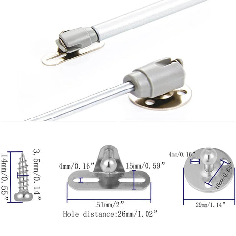 Gas Spring Lift Support For Cabinet Doors 20N 4.4 Lb, Stainless Steel And Nylon Construction With Silver Finish, 6 Inch Length, details and measurements
