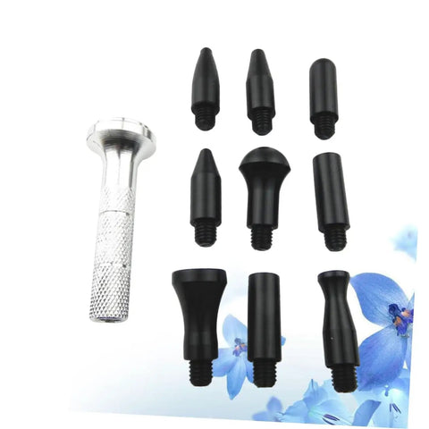Auto Dent Repair Kit With Replaceable Heads, Pro Grade Dent Remover Tool Set showing various black replaceable heads and silver handle