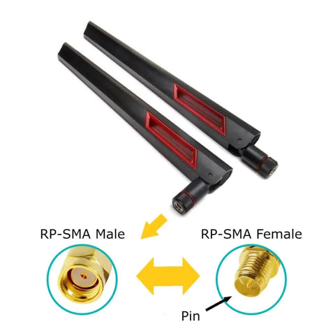 Boost Your WiFi With A 10dBi Tri Band External Antenna Pair Using RP SMA Connectors Black And Red To Extend Range On 2.4GHz 5GHz And 6GHz