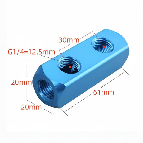 Blue 61mm Two Way Five Port Pneumatic Manifold With G1 Quarter Ports For High Flow Air Distribution, labeled dimensions
