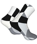 Unisex Black And White Piano Grid Thermal Crew Socks For Cold Snap Days And Breathable Moisture Wicking Winter Footwear.