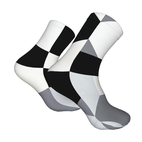Unisex Black And White Piano Grid Thermal Crew Socks For Cold Snap Days And Breathable Moisture Wicking Winter Footwear.
