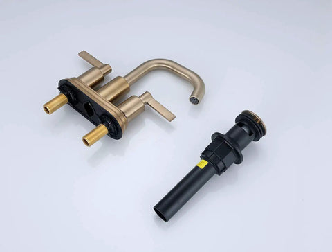 Brushed Gold Two Handle 4 Inch Centerset Bathroom Faucet With Push Up Pop Up Drain No Fuss Easy DIY Install Solid Brass Waterway Lead Free