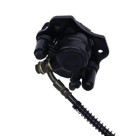 Close-up of Go Kart ATV Front Wheel Hub Assembly with 4 studs and brake caliper, compatible with 125cc to 250cc quad dirt bike.