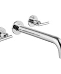 Long Reach Wall Mount Tub Filler With Two Level Handles Solid Brass High Flow Roman Tub Faucet 3 Hole Setup Rough In Valve Included Polished Chrome Built To Last, angled front view