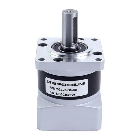 Front view of 10:1 Planetary Gearbox for Nema 23 Stepper Motors with 8mm shaft, 57mm flange, metal housing, and low noise operation.