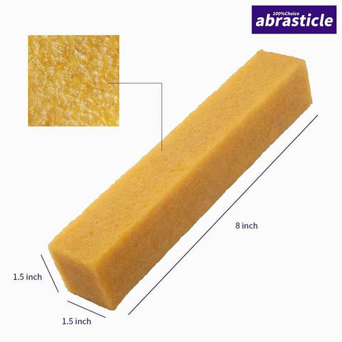 Abrasive cleaning eraser stick, yellow sponge-like block, 1.5 x 1.5 x 8 in, front view.