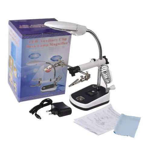 Heavy Duty Clamping Magnifying Glass Lamp With Adjustable Height And Angle For Precision Welding Repairs Desktop Workbench Maintenance Jobs with accessories.