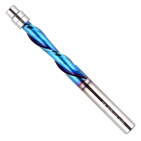 Carbide flush trim router bit in blue and silver, perfect for clean cuts, enhancing woodworking precision and slashing chipping.
