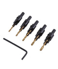 Premium HSS Coated Chamfer Drill Bit Set Packed With Five Countersink Assortments, quarter inch shank, for wood and metal use.