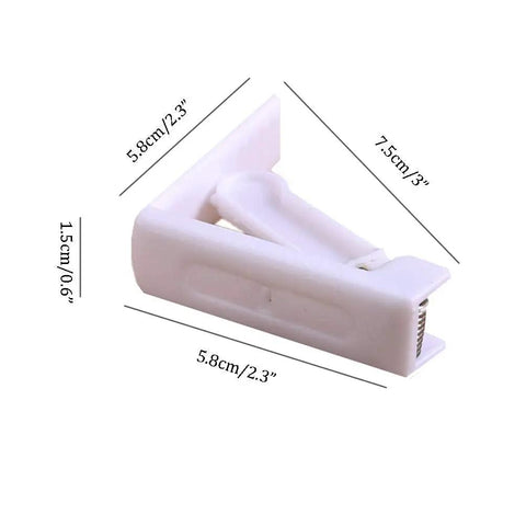 Close-up of a single 12 Pcs Plastic Spring Tablecloth Clips For Outdoor Tables No Slip Grip Easy Clamp Table Cloth Holders, white with dimensions.