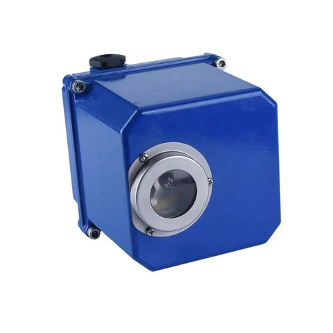Compact 90 Degree Rotary DC Motorized Valve Actuator Featuring Dual 12V And 220V Plug And Play Power For Rock Solid Electric Gate Control Across Tight Plumbing Installations image, blue metal housing, close-up view of actuator.