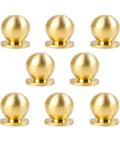 8 Pack Round Solid Brass Cabinet Knobs And Drawer Pulls Dope Gold Finish 1 Inch Diameter Premium Polished Hardware arranged in rows