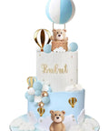 Hot Air Balloon Cake Topper Set With White Cloud Accents And Cute Bears For Cakes And Desserts Includes Balloon Basket Two Bears Six White Cloud Pieces And Color Balls For Fun Party Decorating on a cake