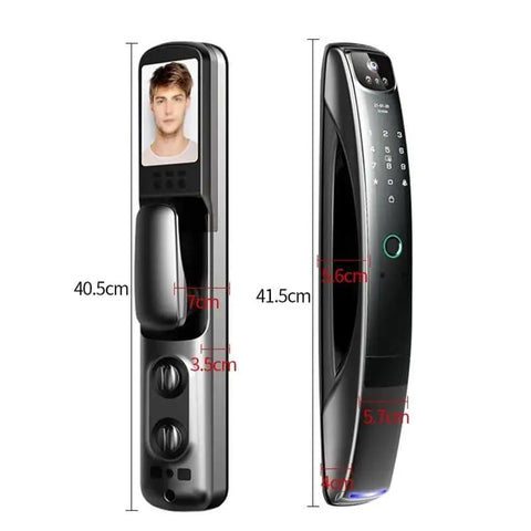 Slick Video Intercom Smart Door Lock With Auto Monitoring Camera Fingerprint Password Antitheft Digital Handle front and side view