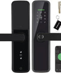 Slick Smart Fingerprint Door Lock With Built In Wifi And Tuya App Remote Control with key and phone, matte black design.