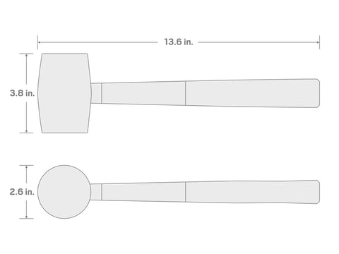 Technical drawing of 16 Oz Rubber Mallet With Fiberglass Handle Double Faced Solid Head Vibration Dampening Core Poly Jacket Protection