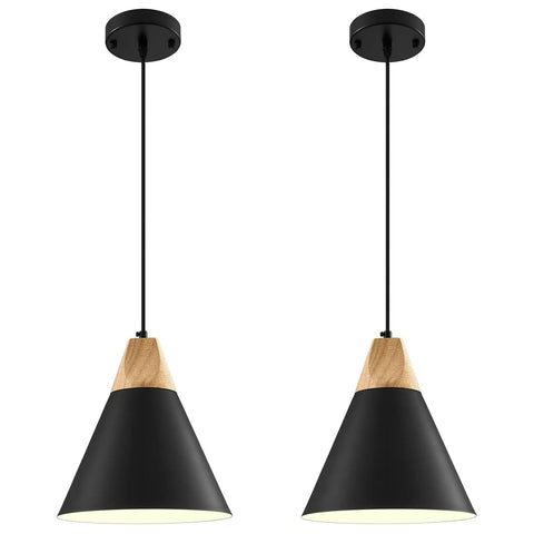 Dope Black Pendant Light Two Pack 9.4 Inch Farmhouse Modern Pendant Lighting, wood accents, black finish, kitchen island lighting.