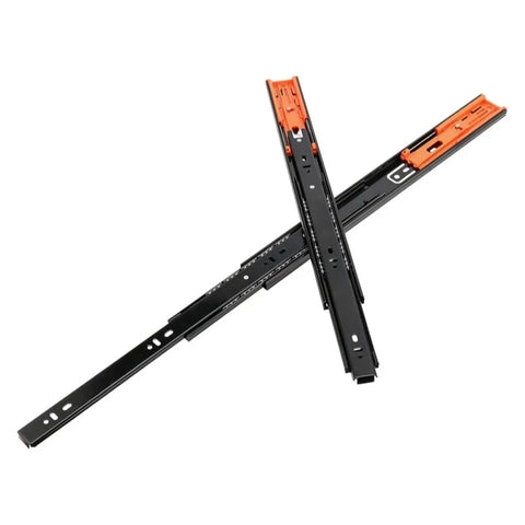 Heavy Duty Metal Bottom Mounted Concealed Drawer Slides Offering Silky Smooth Glide and Seamless Buffer Stops For Hassle Free Cabinet Makeovers And Solid As A Rock Daily Performance Duo Pack, black metal slides with orange detail.