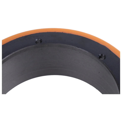 Close-up of Rugged Drive Wheel 1115-220000-D0 1115220000D0 Replacement for Big Joe Electric Pallet Jack with durable rubber tread.