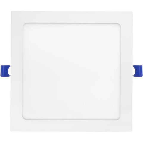 8 Inch Square Slim Recessed LED Downlight with white trim and blue clips, suitable for modern lighting in any room.