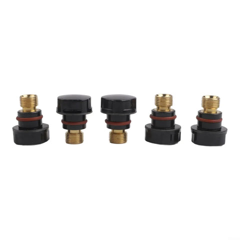 Dope 15 PCS Tig Back Cap Kit Fits Wp 17 18 26 Torch With Brass Bakelite Rubber Covers, 5 back caps displayed, black and brass materials.