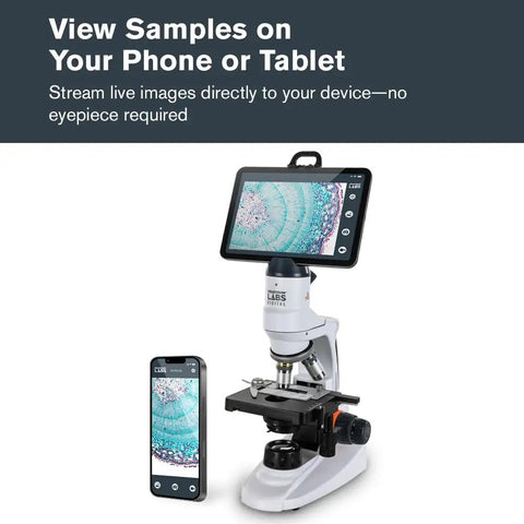 Wireless WiFi Desktop Microscope For iOS And Android That Lets You Stream Live Images, Record Video, And Measure Details, Featuring 3 Plan Achromatic Lenses 4x 10x 40x And 12x Digital Eyepiece For 48x 120x 480x Magnification, with tablet and phone display