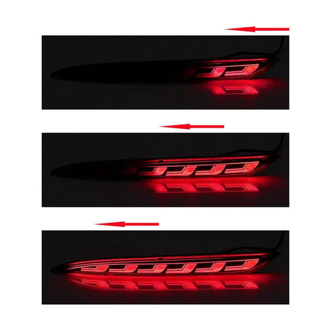 Straight Up High Output Rear Bumper Lights For Tesla Model 3 2017 To 2022 Plug And Play Flashing Turn Signal Brake Run Drl Wiring Harness Kit Set Of Two displaying red illumination.