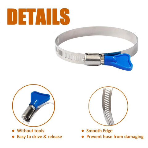 Front view of two ISPINNER 4-inch stainless steel worm-gear hose clamps with blue plastic handles.