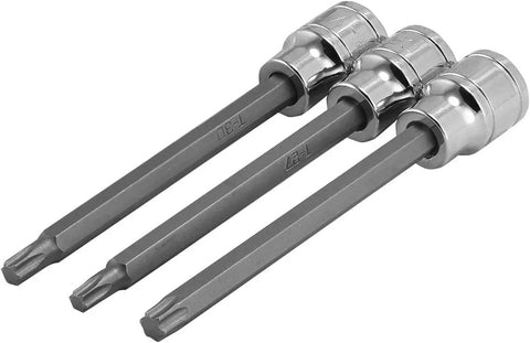 Extra Long Torx Star Bit Socket Set For 3/8 Inch Drive, T10 Through T40, 4-3/8 Inch Shank, S2 steel bits, close-up view