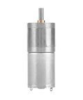Front view of a silver 12V DC gear motor with encoder, 25mm diameter, metal housing