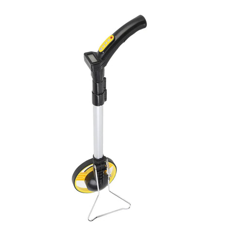 Generic Distance Measuring Wheel Portable Folding Hand Push Roller for Lawns, Asphalt, and More with Tape Measure in a standing position.