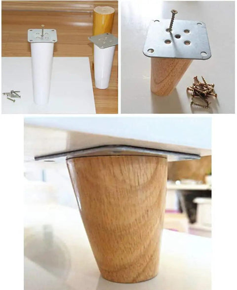 Solid Wood Table Legs Set Of 4 Round Conical Desk Feet Dark Walnut Finish seen during assembly with mounting brackets and screws.