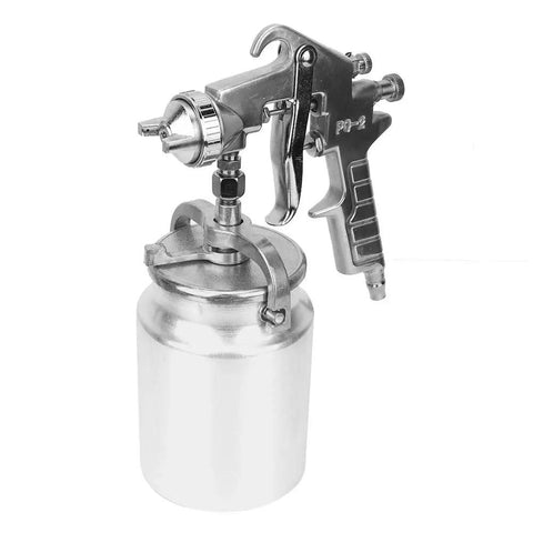 Top Shelf Pneumatic Paint Spray Gun With Two Point Zero Millimeter Suction Nozzle For Auto Refinishing Wood Projects And House Reno Tasks, silver and gray design.