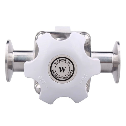 Sanitary diaphragm valve, front view, stainless steel 316L, white knob, tri-clamp ends