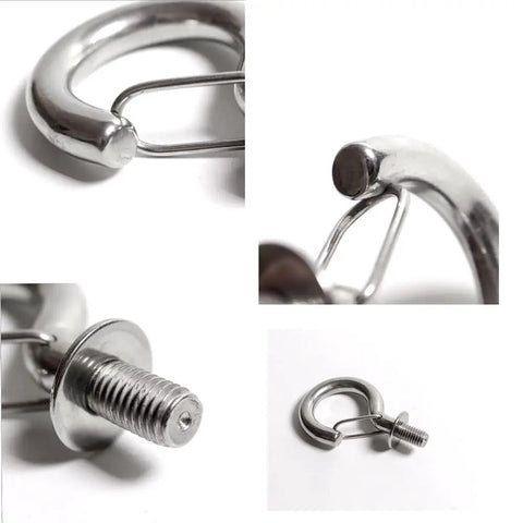 Close-up of Heavy Duty Stainless Steel M8 and M10 Storage Hooks 4 Pack Rustproof S Clasps, showing screw details.