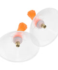 Two Pack Transparent Windproof Spray Nozzle Covers for Garden Hose and Backpack Sprayer lying flat, showing orange attachments