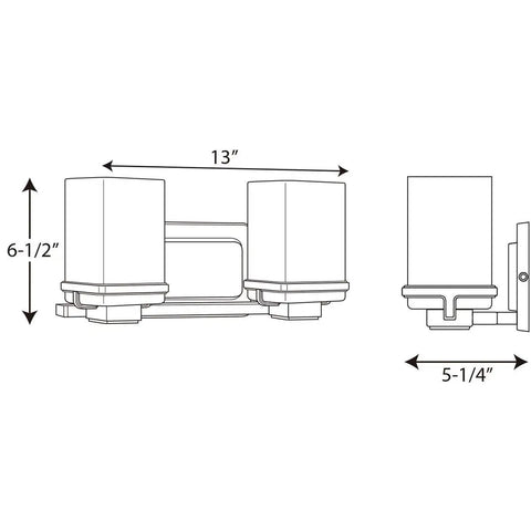 Technical drawing of 2 Light Bathroom Vanity Light in Coastal Modern Style with Etched White Glass Shades, 13x6.5x5.25 inches.