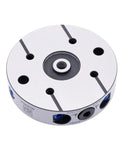 Top Shelf Precision Round Zero Point Clamping Plate Four Point Seven Two Inches Wide For Five Axis Cnc Milling And Robot Gripper Stations, Hardened Steel Quick Release Tooling Base With Jig Ground Mounting Holes For Dead Nuts Alignment On Heavy Duty Shop, top view, six mounting holes, sleek surface design.