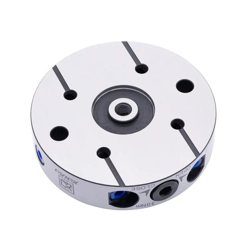 Top Shelf Precision Round Zero Point Clamping Plate Four Point Seven Two Inches Wide For Five Axis Cnc Milling And Robot Gripper Stations, Hardened Steel Quick Release Tooling Base With Jig Ground Mounting Holes For Dead Nuts Alignment On Heavy Duty Shop, top view, six mounting holes, sleek surface design.