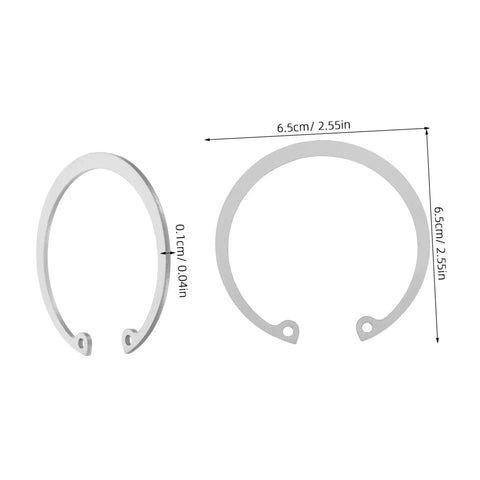 Stainless Steel C Clip Set 5 Pack with Grooved Retaining Rings, Elastic Snap Rings, 6.5cm dimensions shown, ideal for shafts and holes.