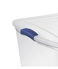 Extra Large Clear Storage Bin with Lid Stackable Plastic Tote showing blue snap latch design, ideal for home organization.