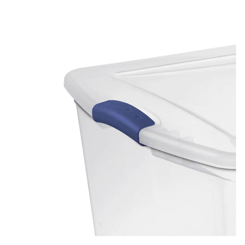 Extra Large Clear Storage Bin with Lid Stackable Plastic Tote showing blue snap latch design, ideal for home organization.
