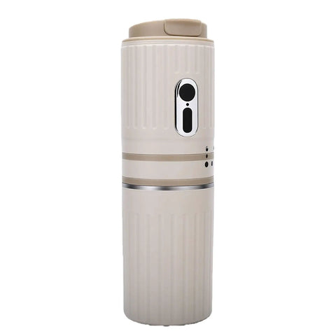 Score Fresh Sips Anywhere With This Ride Or Die Travel Coffee Maker Featuring A Compact Built In Grinder And Heat Proof Tumbler Perfect For Commuting Hiking Or Just Chilling At Home side view of beige insulated travel coffee maker